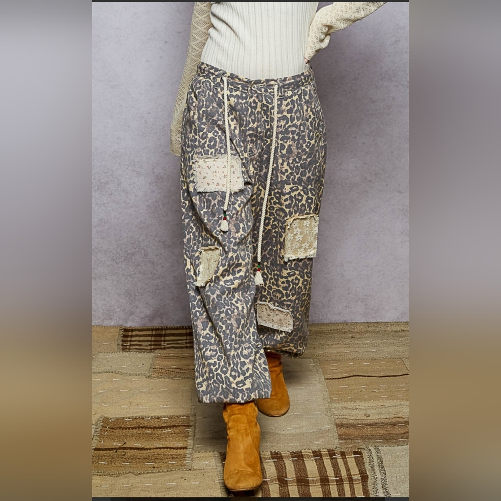 POL Leopard Print Patchwork Wide-Leg Pants in Tan and Gray